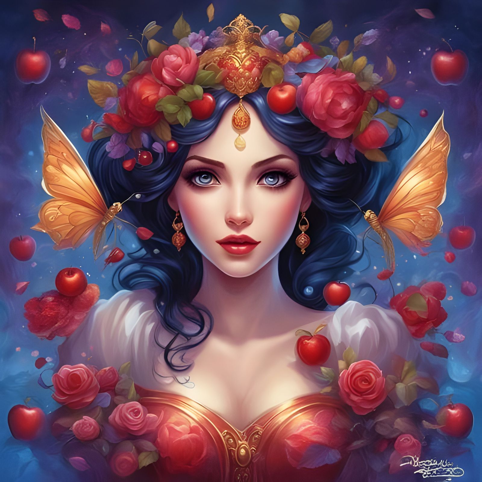 Snow White Surrounded by Glowing Butterflies