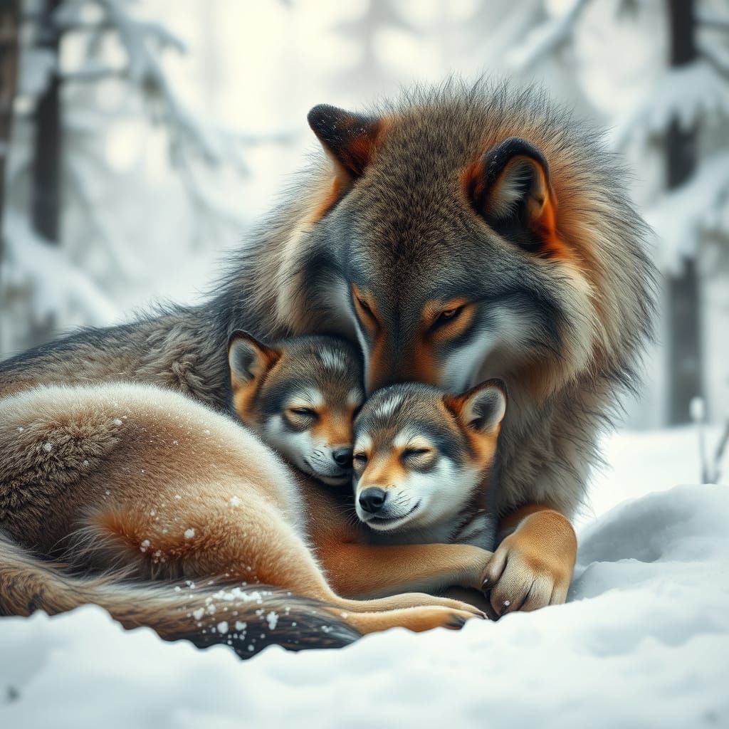 Mother Wolf Cuddles Pup in Snowy Landscape