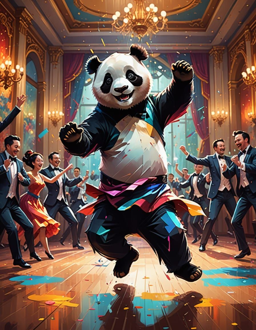 Panda Dances Joyfully in Elegant Ballroom