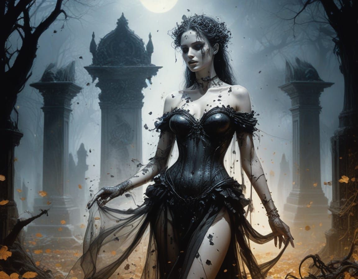 Surreal Goddess in Petal Gown Reveals Graveyard Secrets