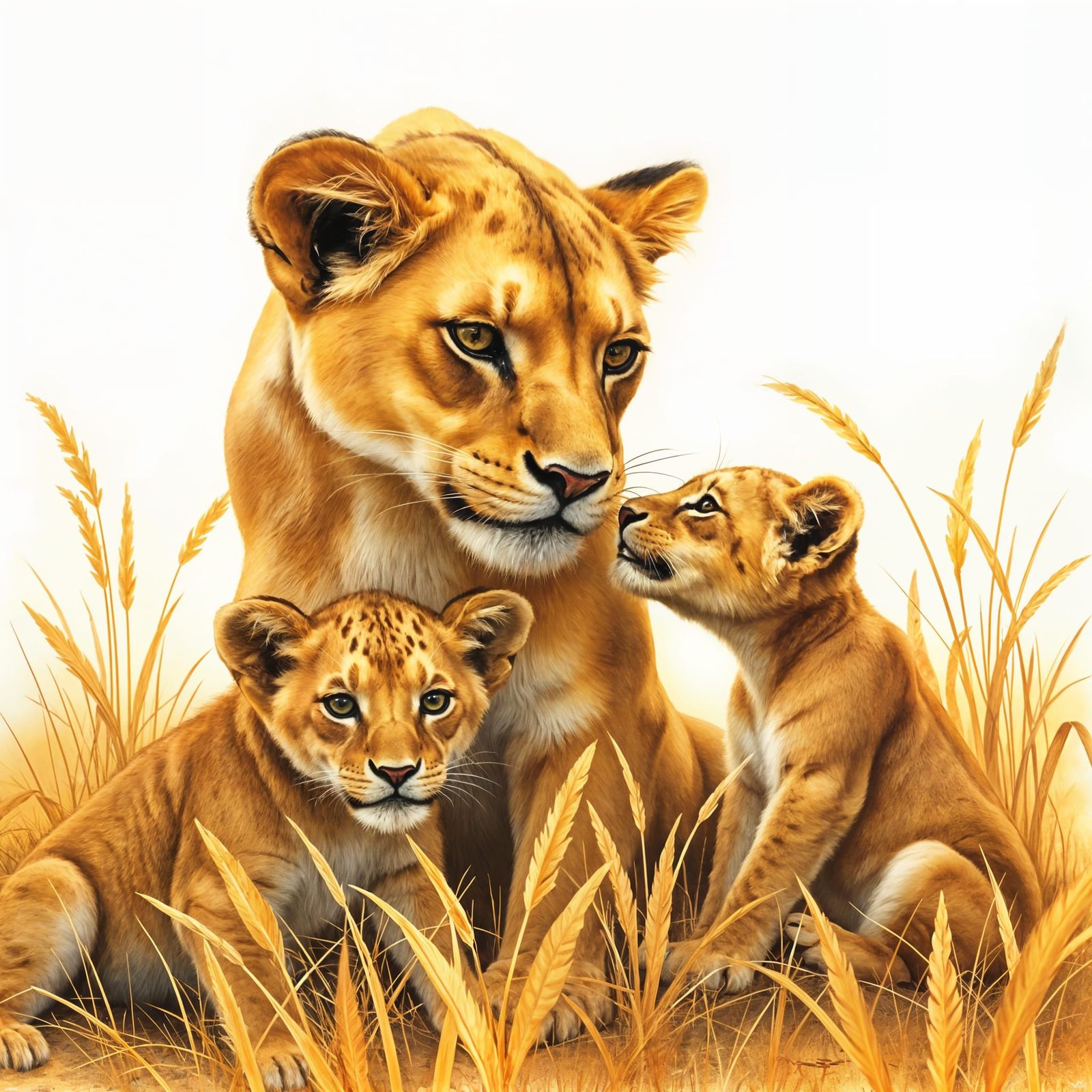 Lioness and Cubs in Savanna Grass: Pastel Drawing