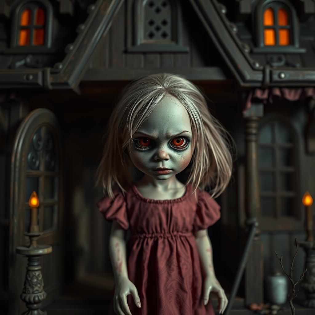 Creepy Possessed Girl Behind Haunted Dollhouse