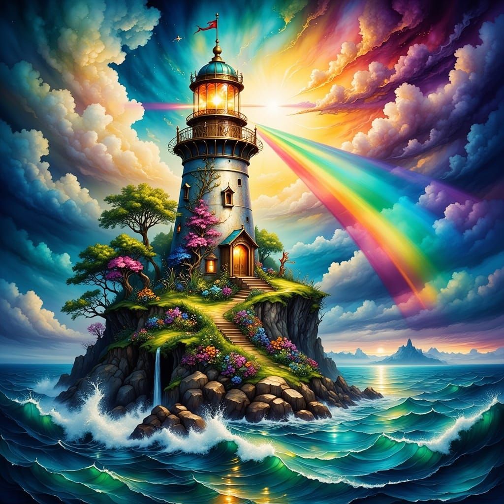 A gorgeous elaborate lighthouse stands on a large rock in th...