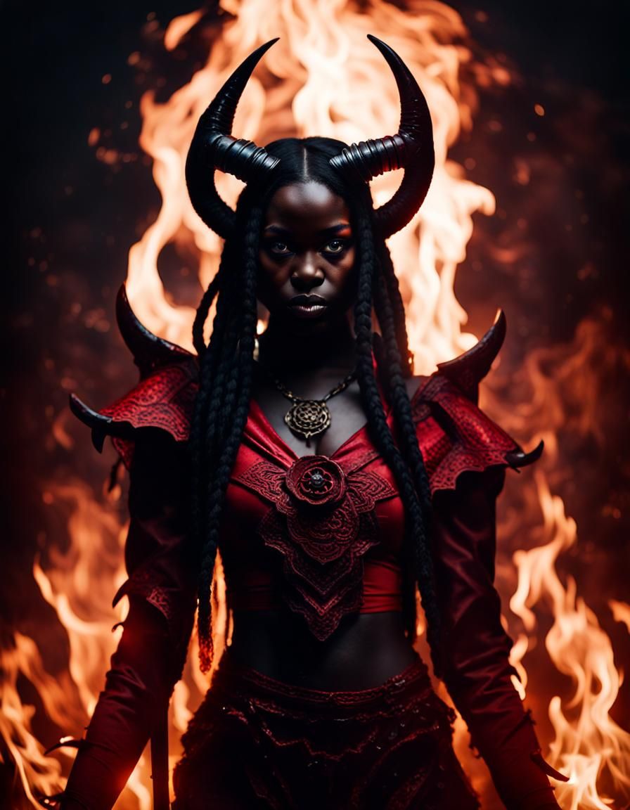 Dark-Skinned Demon Girl Portrait in Flame Background