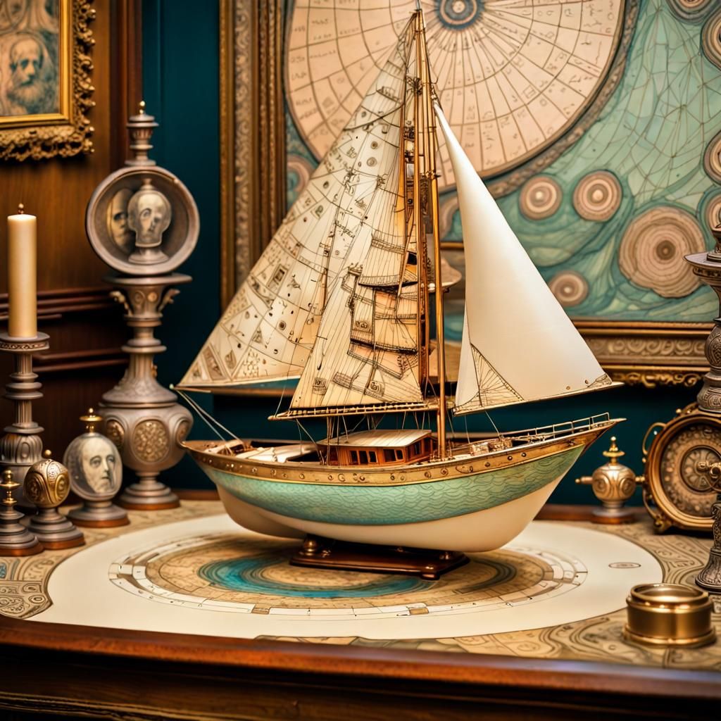 Magical Sailboat on Pearlescent Sea in Klimt Style