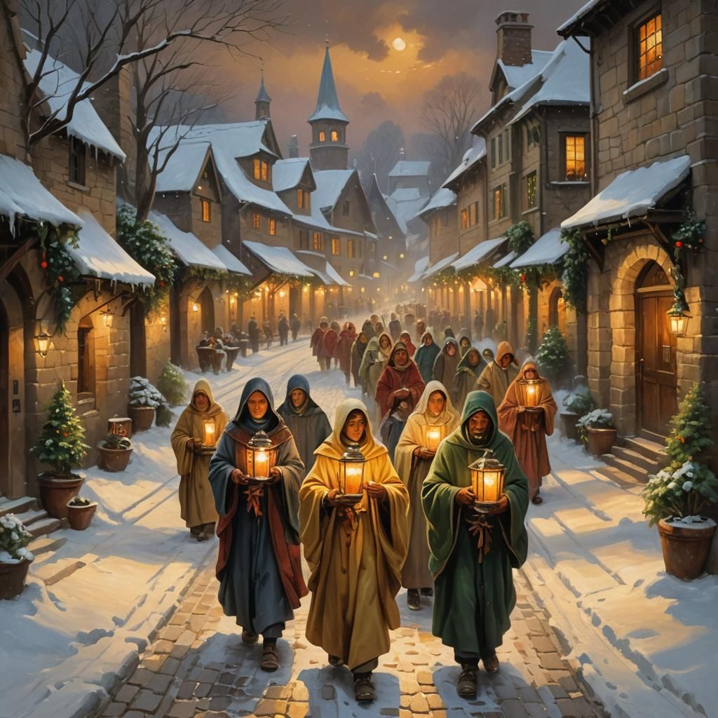 Traditional Oil Painting of Lantern-Lit Village Procession