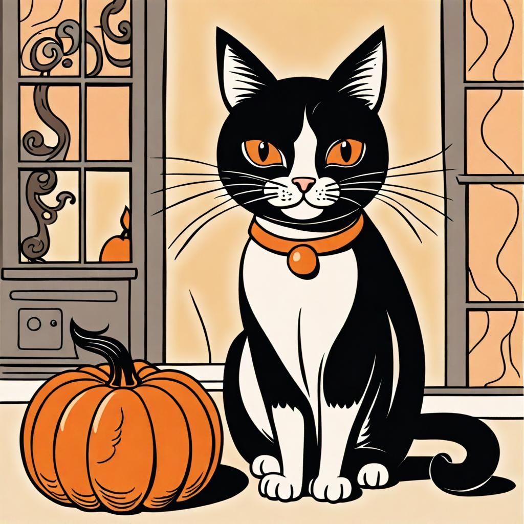 Vintage Halloween Cat Cartoon Illustration