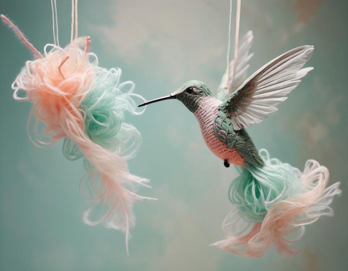 Knitted Hummingbird on String Flower: Macro Photography