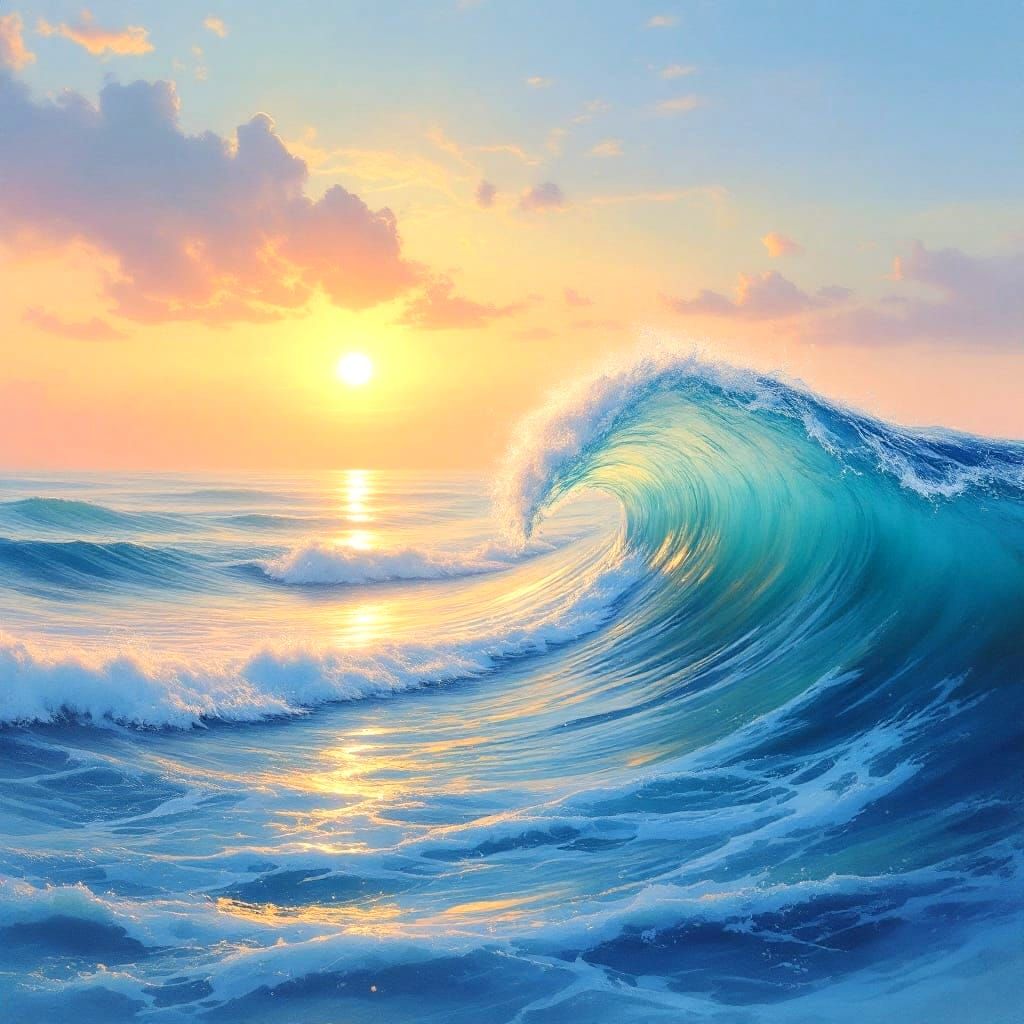 A Gentle Wave at Sunset in Soft Watercolor Style