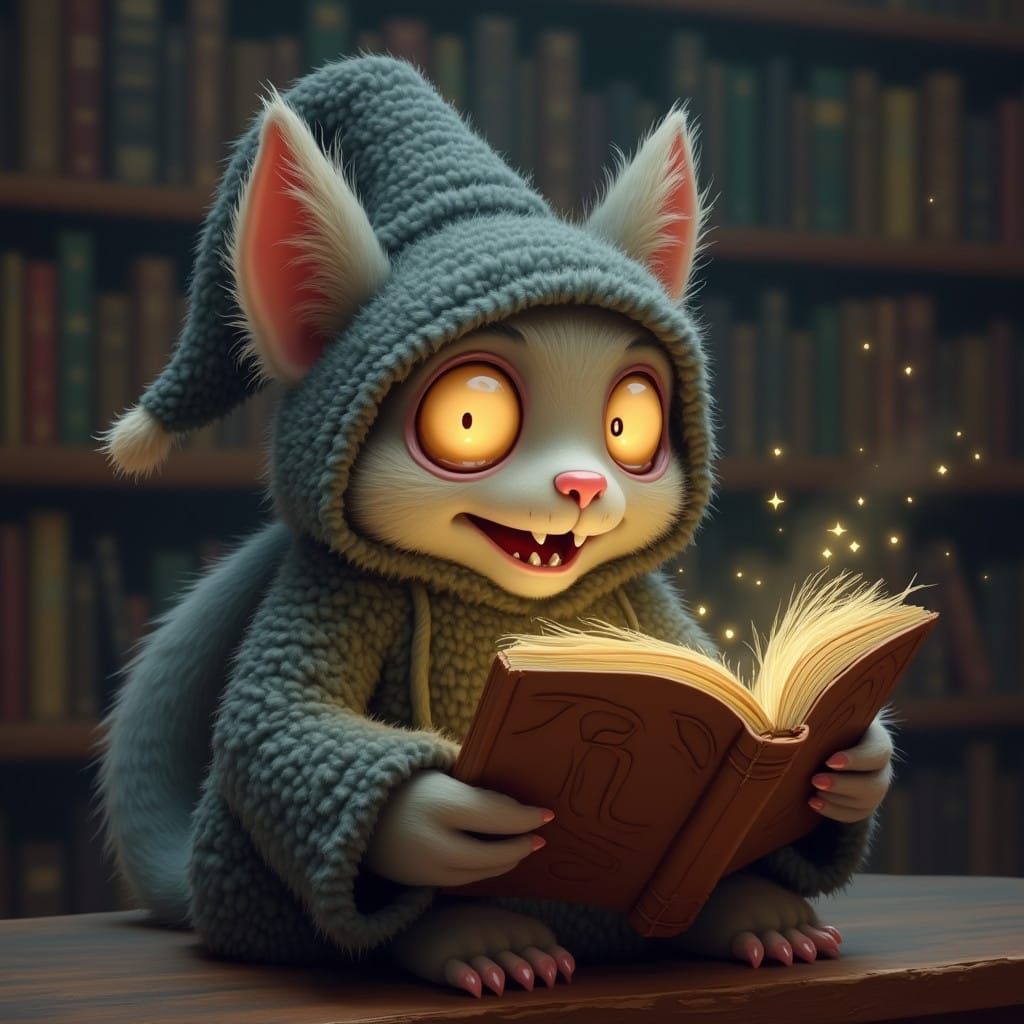 Enchanted Fluffy Bibliophile in Mystical Library