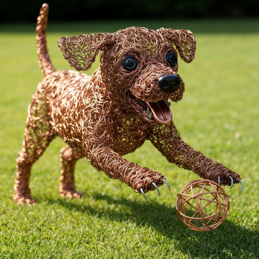 Copper Wire Labrador Puppy Sculpture on Green Lawn