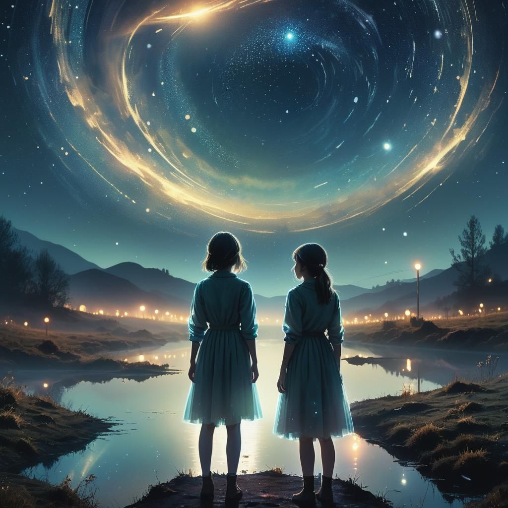 Surreal Girl in Misty Landscape with Starry Eye