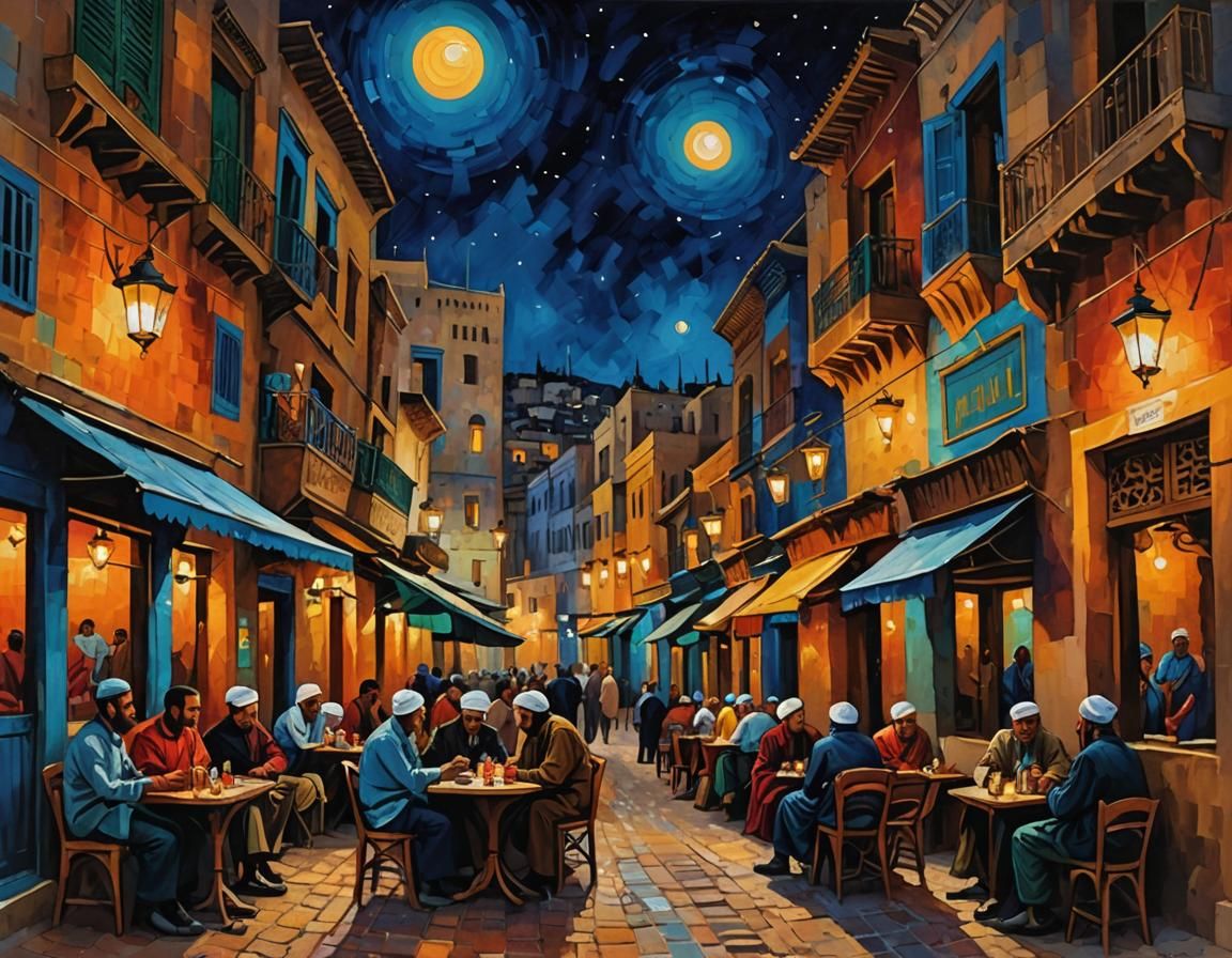 Fes Medina at Night in Expressionist Oil Painting