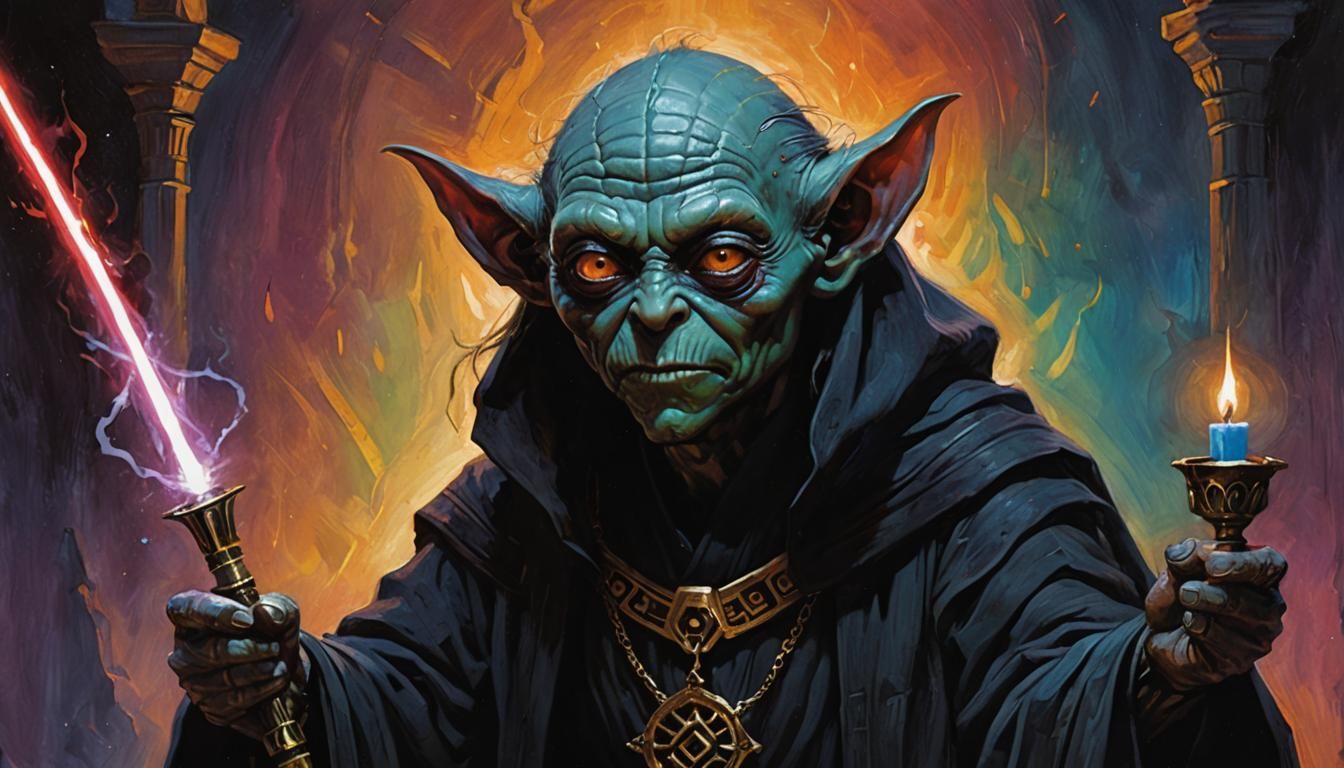 Sith Smeagol with Menorah Lightsaber, Oil Painting