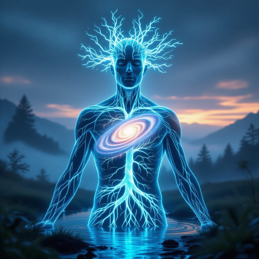 Glowing Human Silhouette With Cosmic Tree of Life