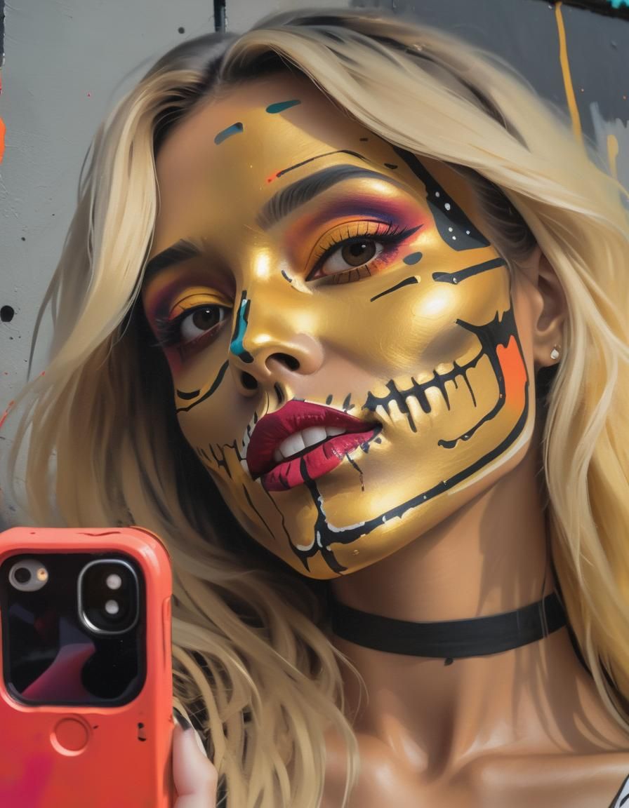 Girl in Skeleton Makeup Graffiti Art Selfie