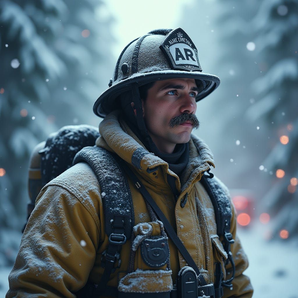 Heroic Firefighter in Snowy Winter Wonderland, Mustache and...