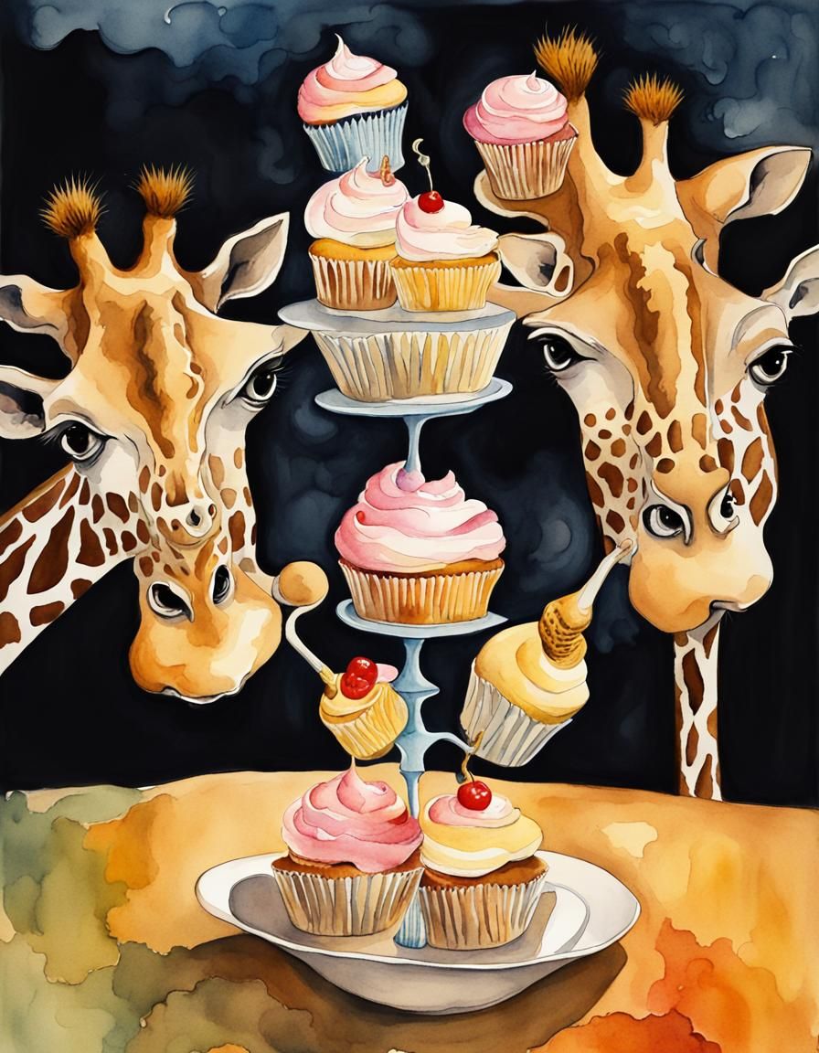 Surreal Giraffes Eating Cupcakes: Watercolor Illustration