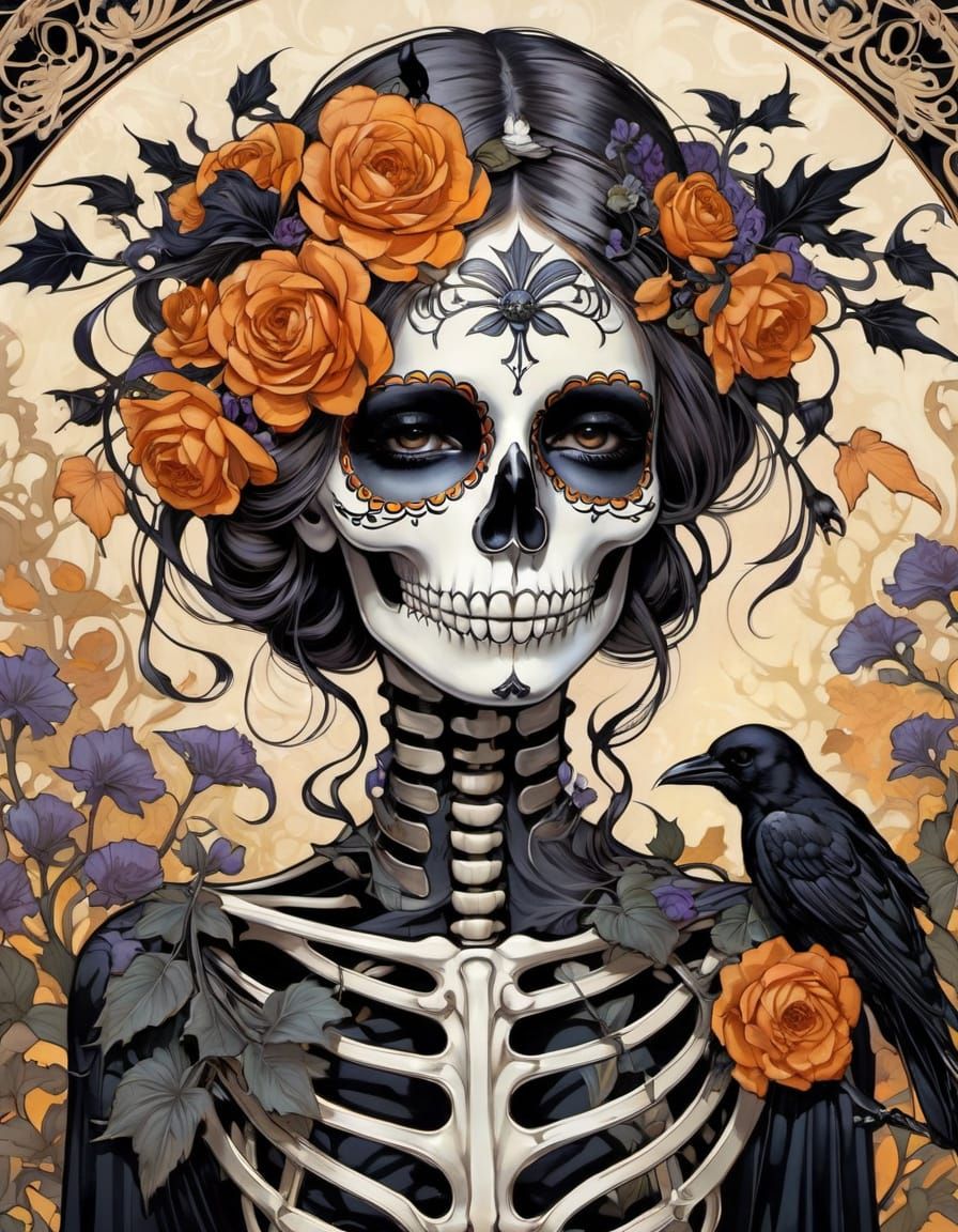 Art Nouveau Skeleton with Crows and Dead Flowers