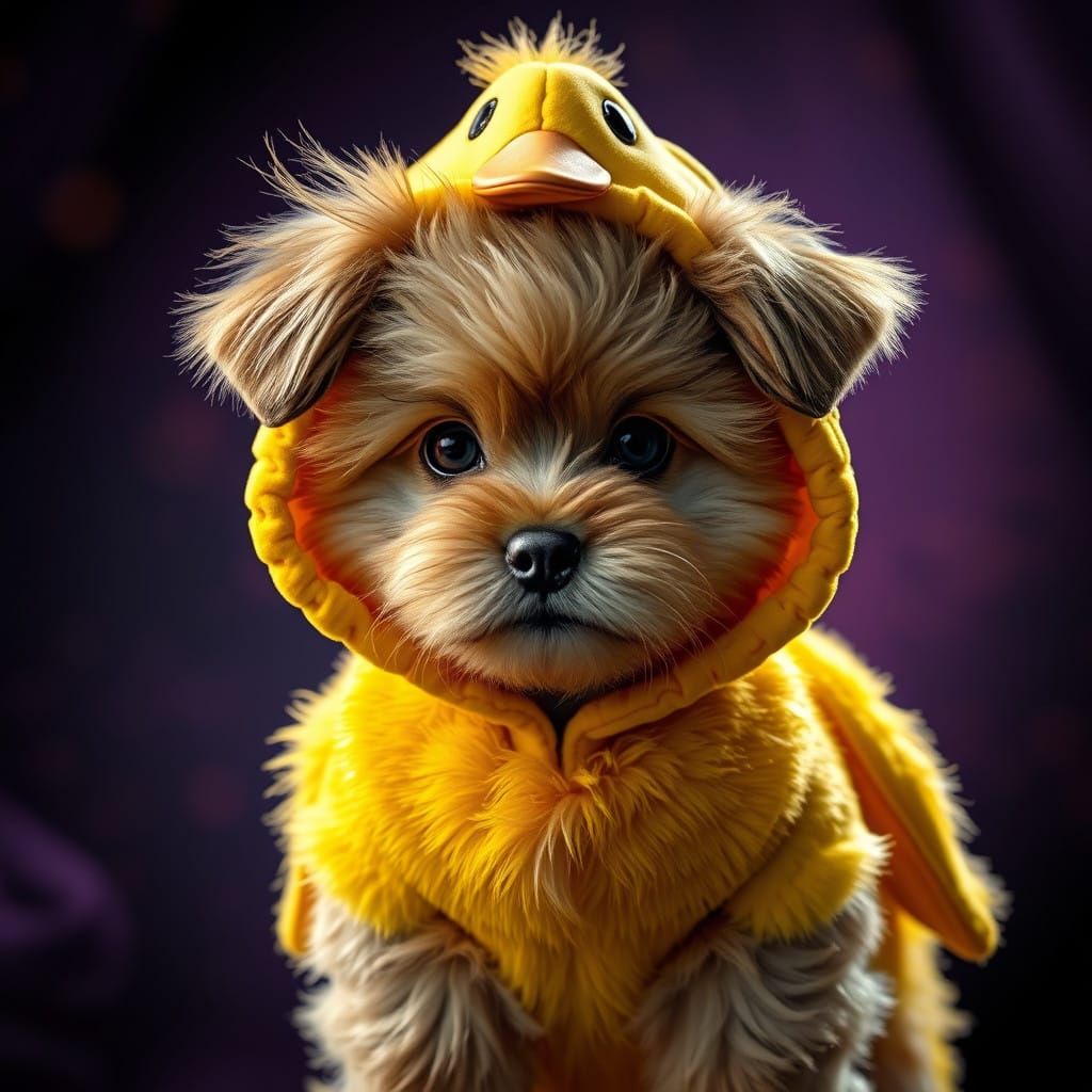 Whimsical Puppy in Yellow Duck Costume
