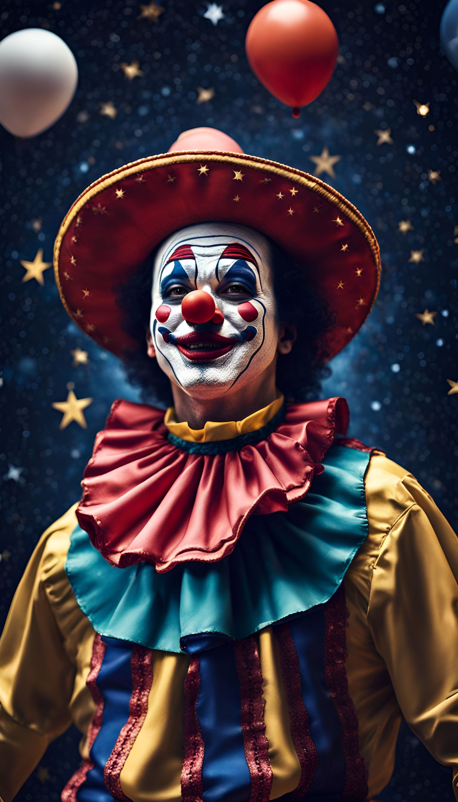 Mexican Clown Glides Among the Stars in Abstract Art