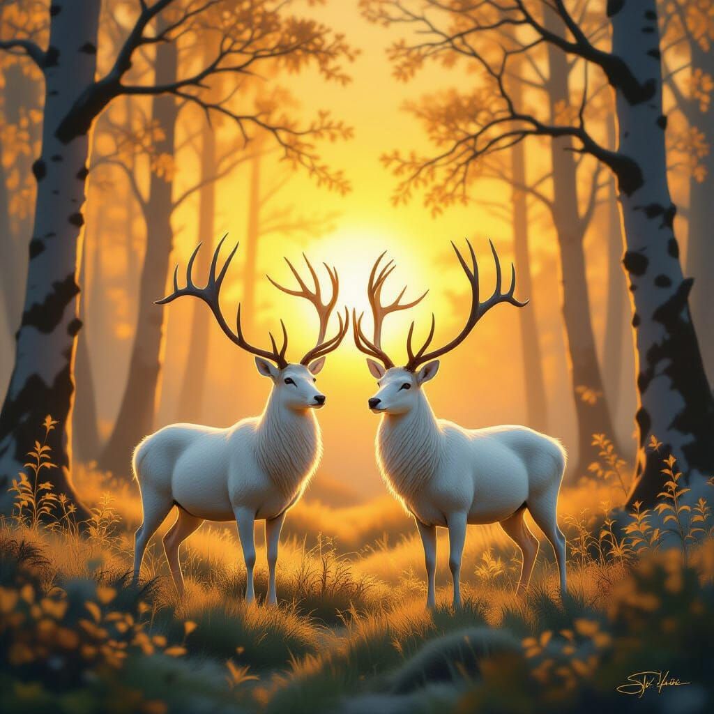 Golden Sunrise Over Serene Forest With Two White Stags
