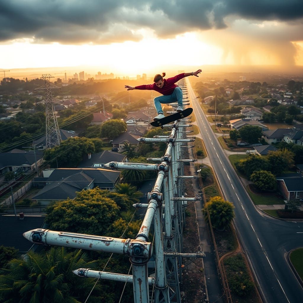 Skateboarder Soaring Over Suburban Pylons in Hyperrealism