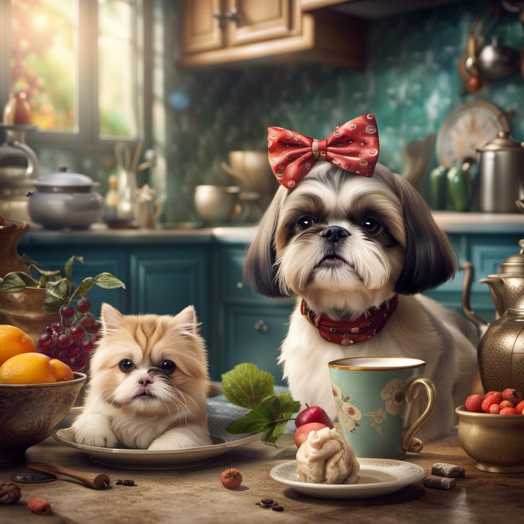 Shih Tzu and Cat in Kitchen: Photorealistic Art