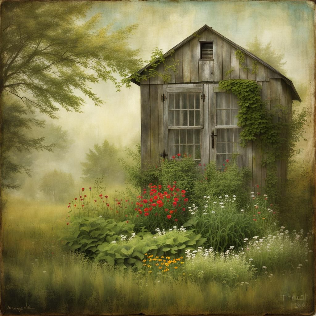 Colorful Garden Scene in Folk Art Style