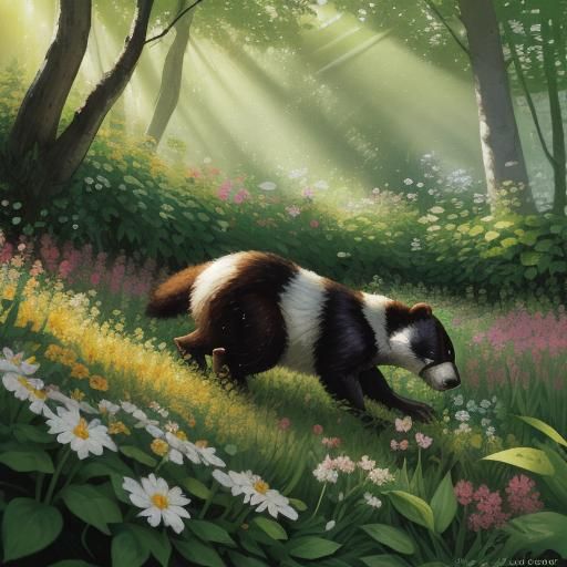 Badger and Bee in Impressionistic Forest