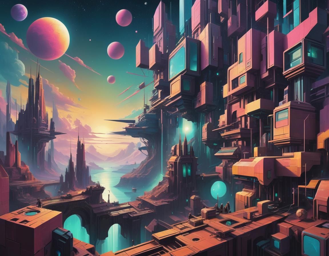 (Surreal Cubist Dreamscape:1.9) cybercore dieselpunk synthwave liminal space expansive galactic