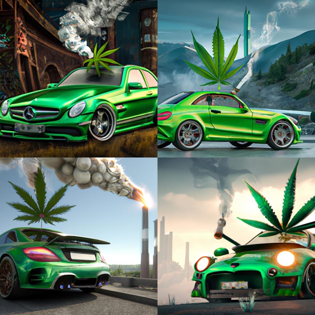 Green Mercedes with Cannabis Leaf in Detailed Matte Painting