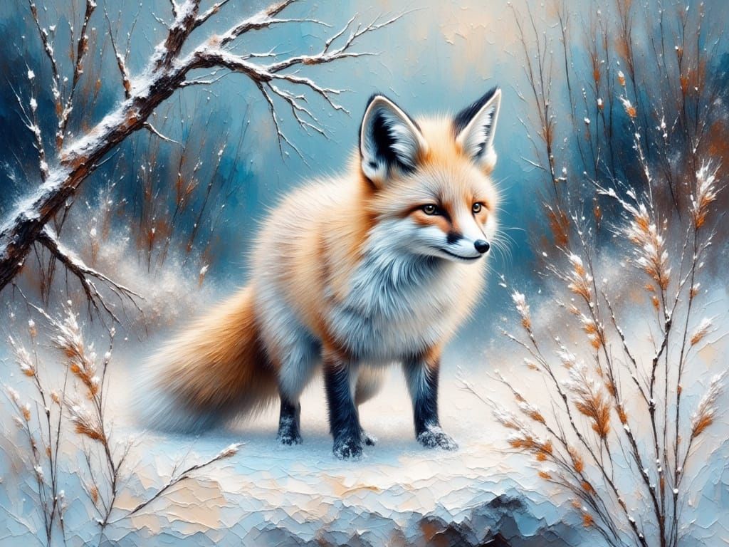 Impasto Oil Painting of Arctic Fox in the Snow