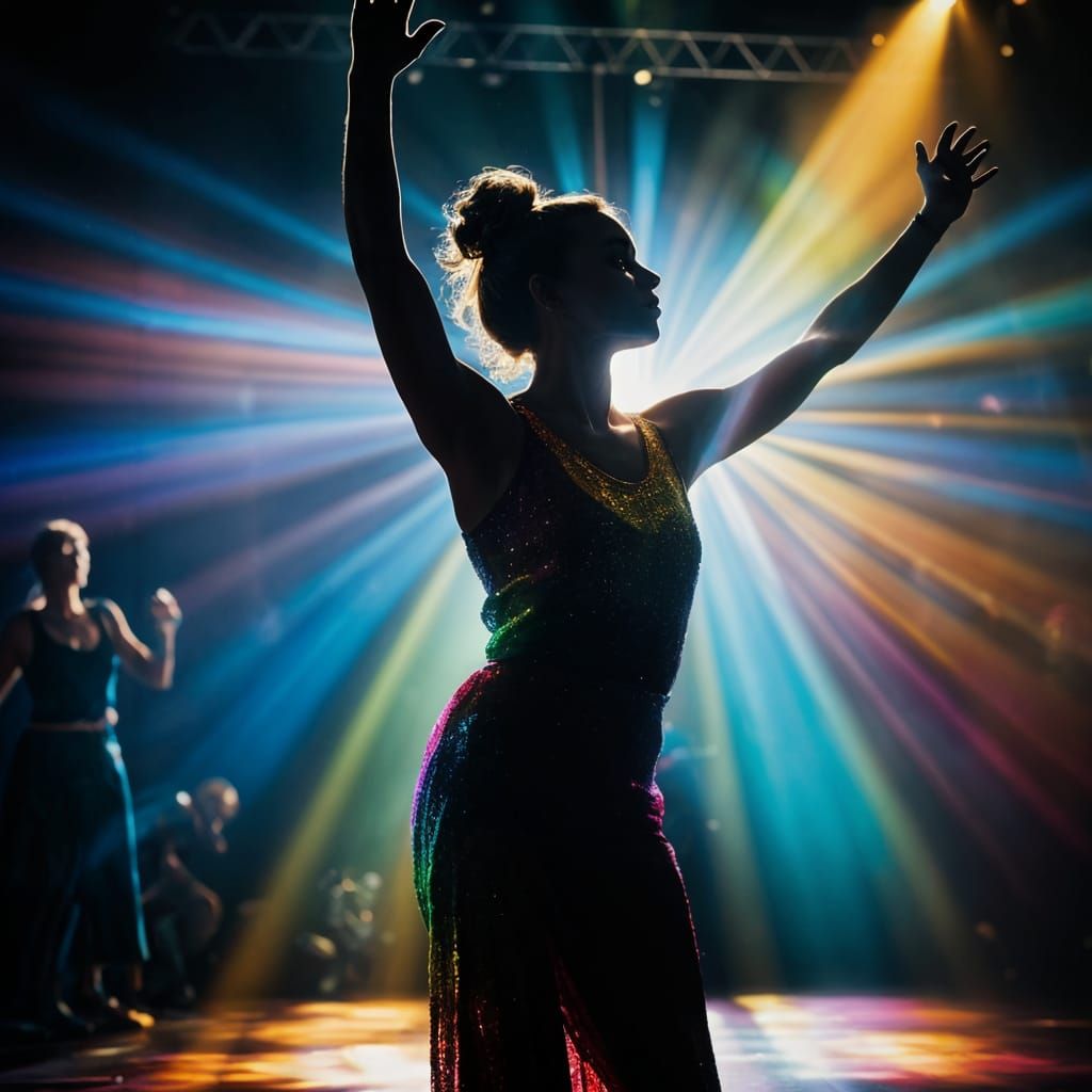 Rainbow Silhouette of Dancing Woman in Spotlight