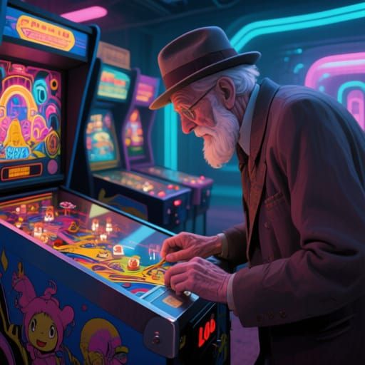Retro Arcade: Old Man Plays Pinball in Neon Futurism