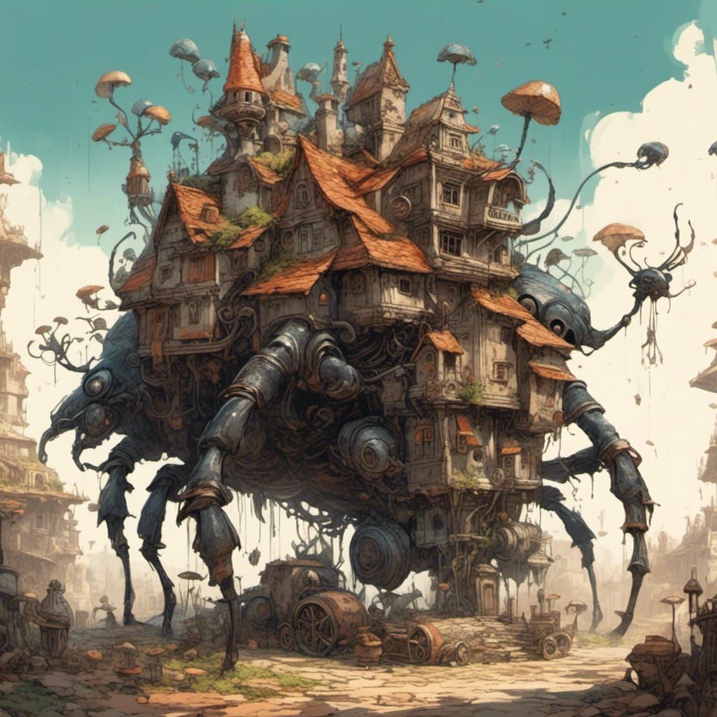 Fantasy Beetle with Houses: Black and White Line Art