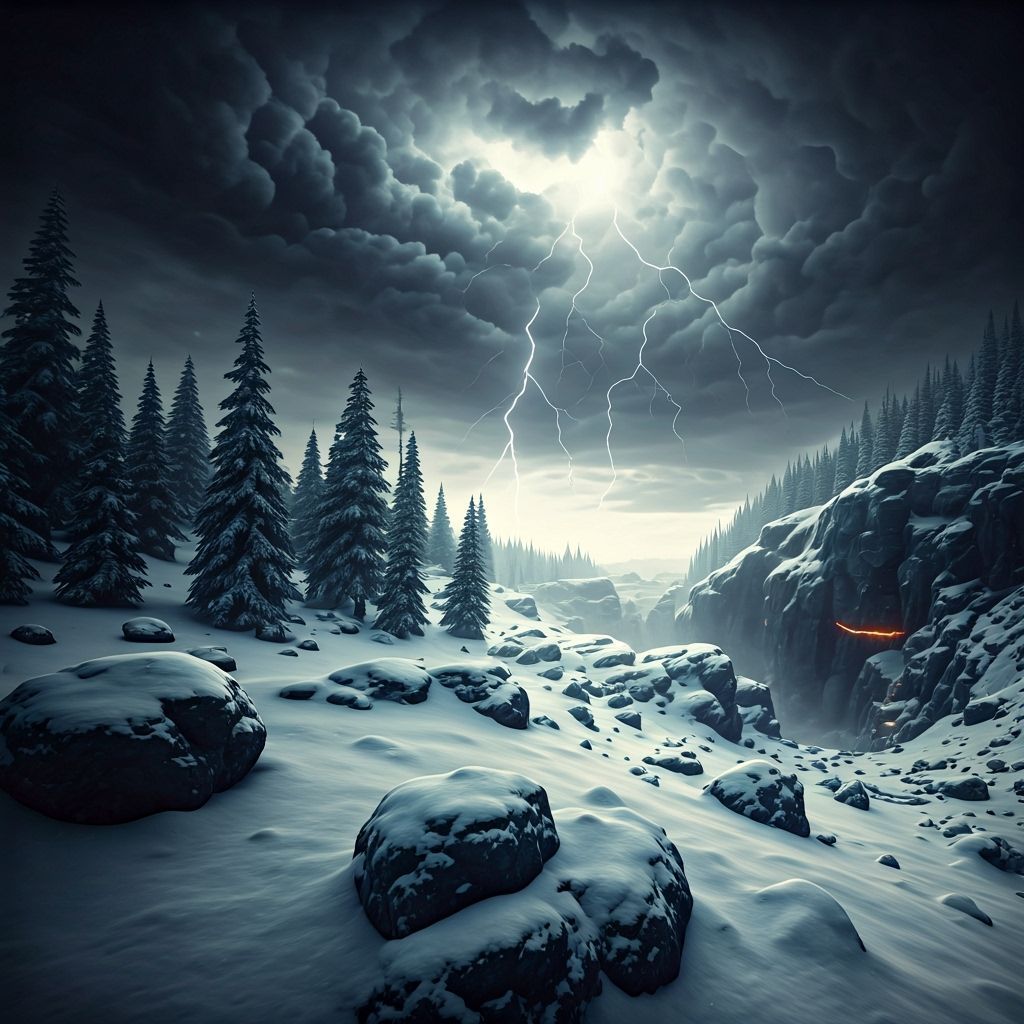 Ultrarealistic Snowy Landscape Under Stormy Sky