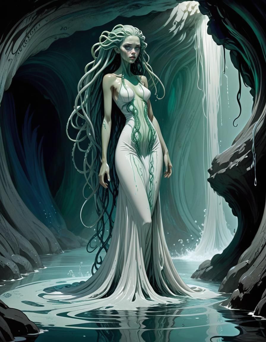 Eldritch Tentacle Goddess in Water Cave Sketch