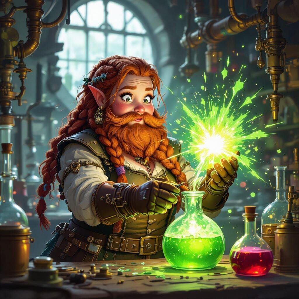 Dwarf Technician Explodes Potion in Steampunk Lab