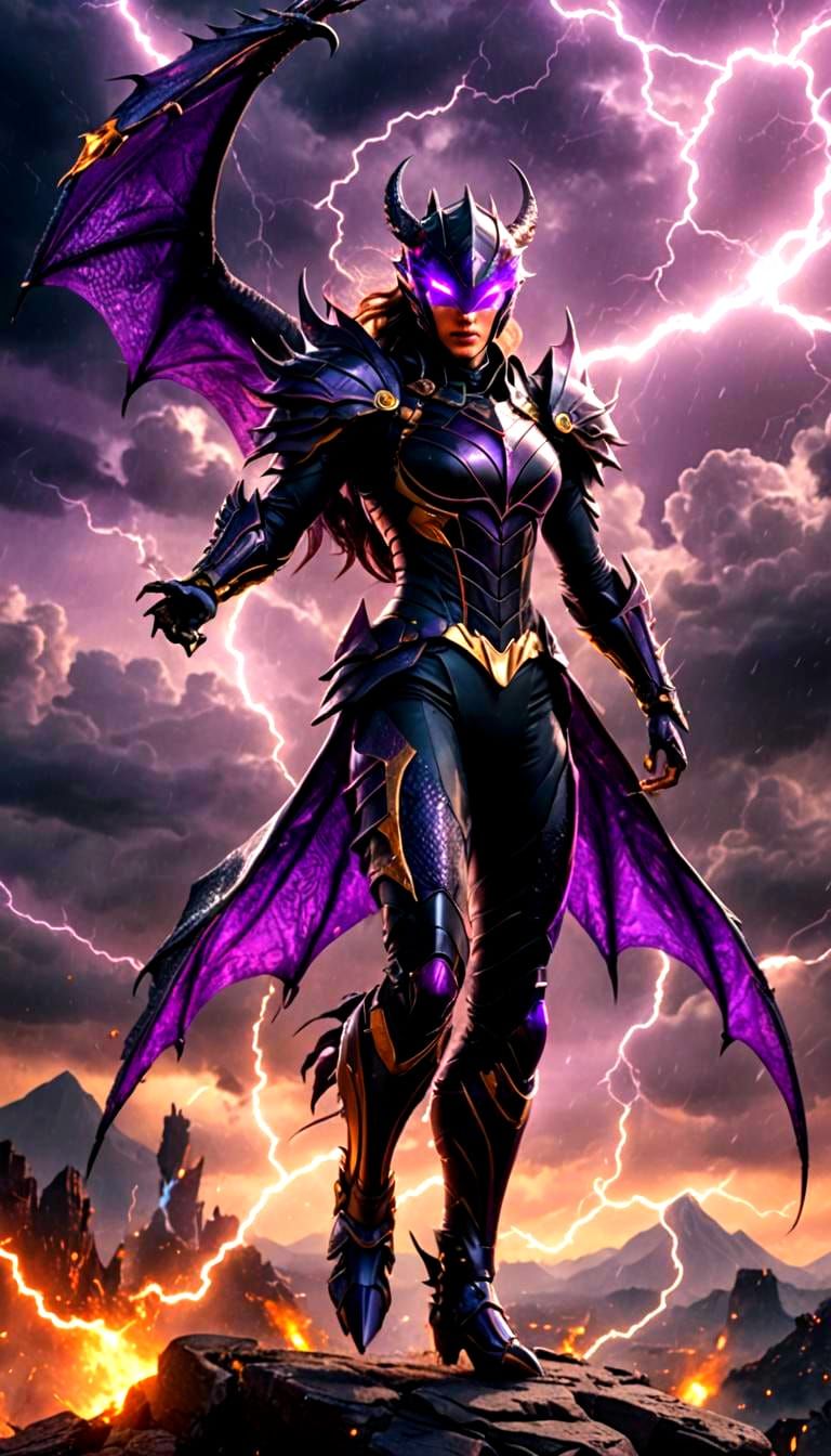 Dragon Superheroine Flies Through Lightning Storm