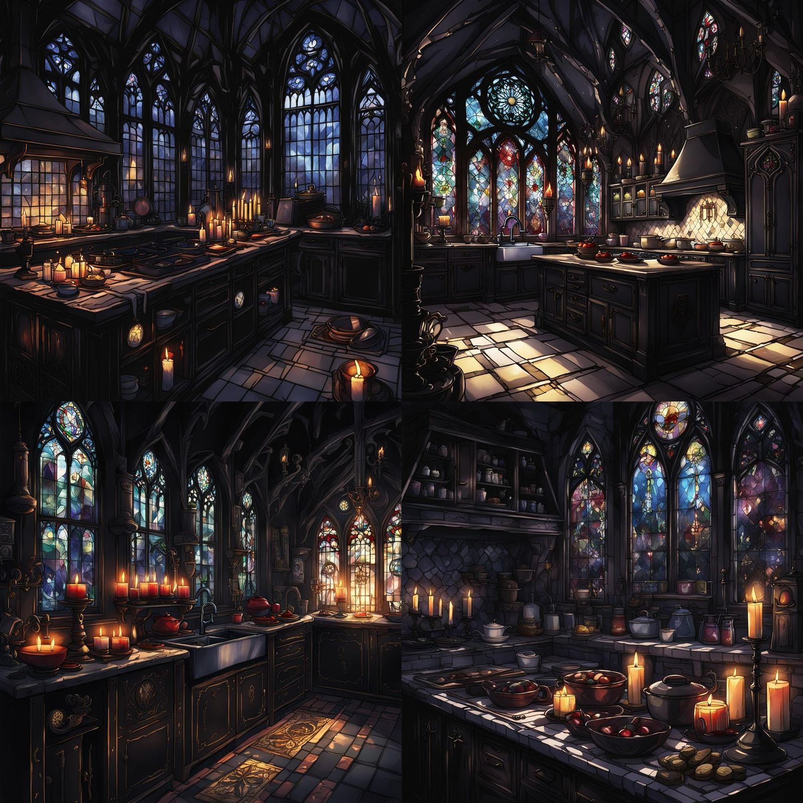Gothic Kitchen with Stained Glass in Anime Style