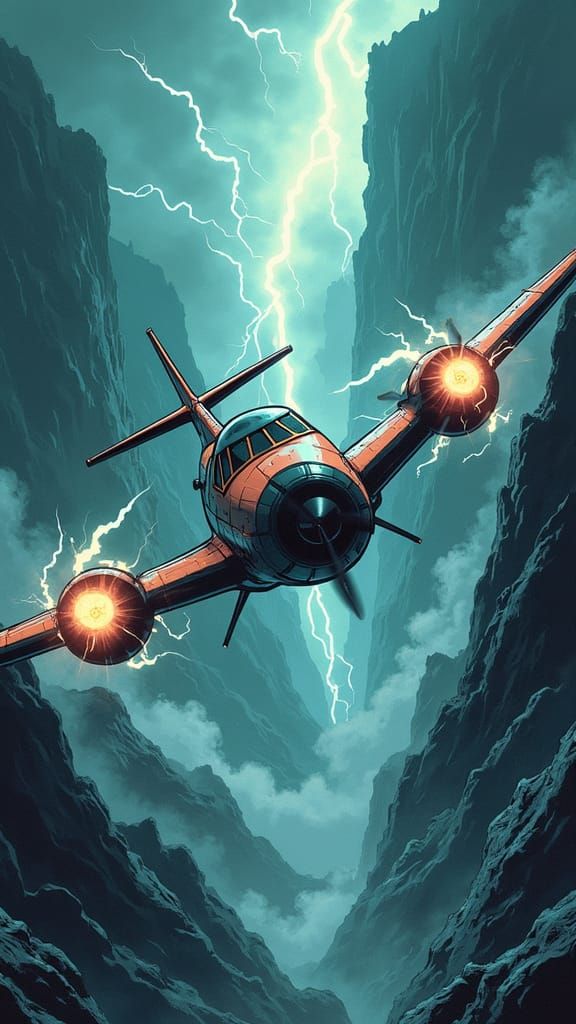 Comic Book Plane Soaring Through Stormy Skies