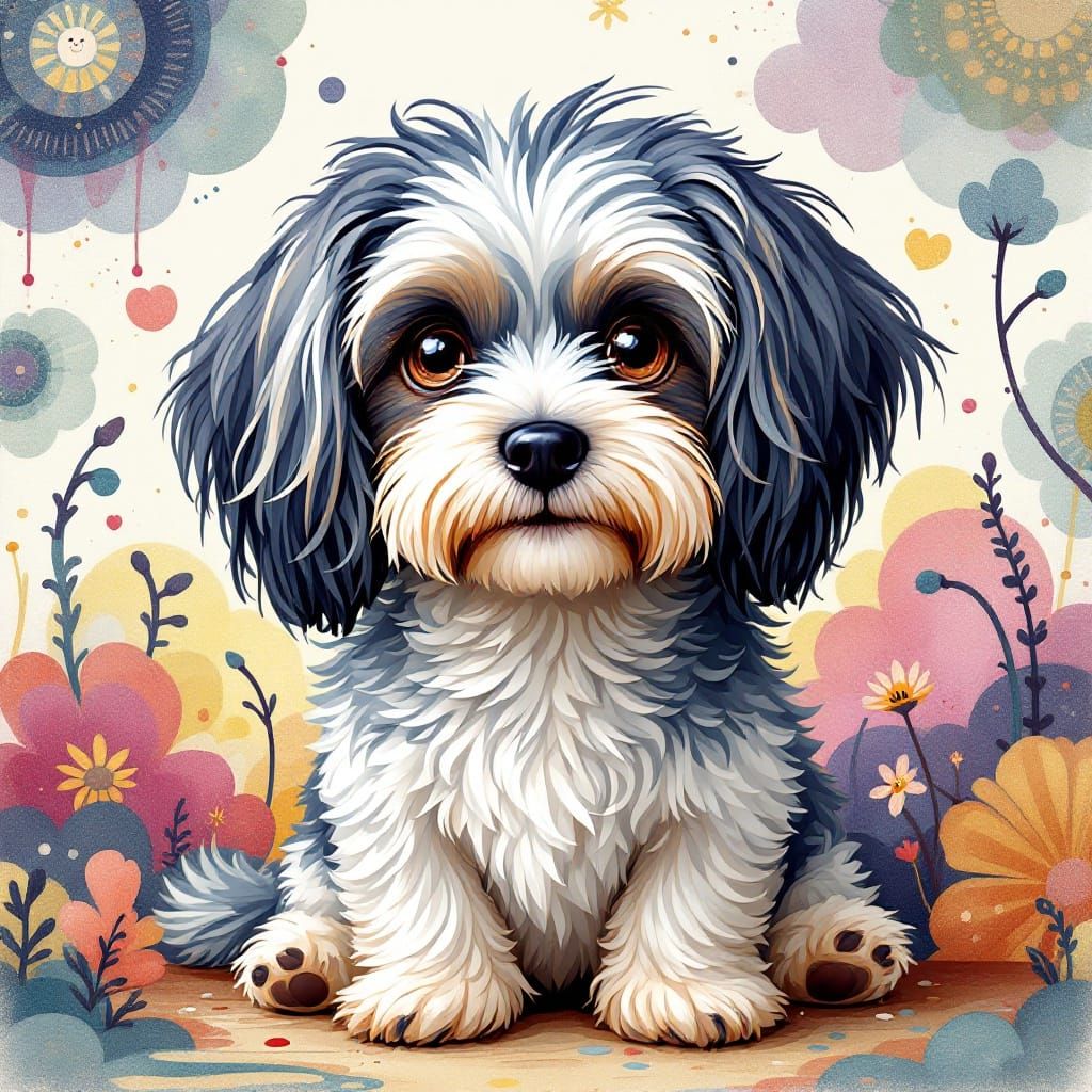Whimsical Havanese Dog Portrait with Zentangle Background