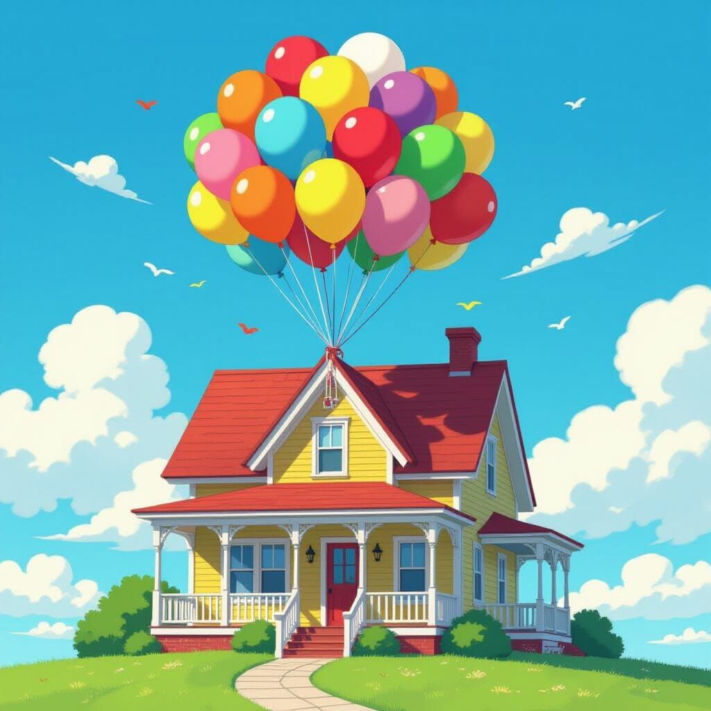 Colorful Balloon House Soaring in Dreamy Sky