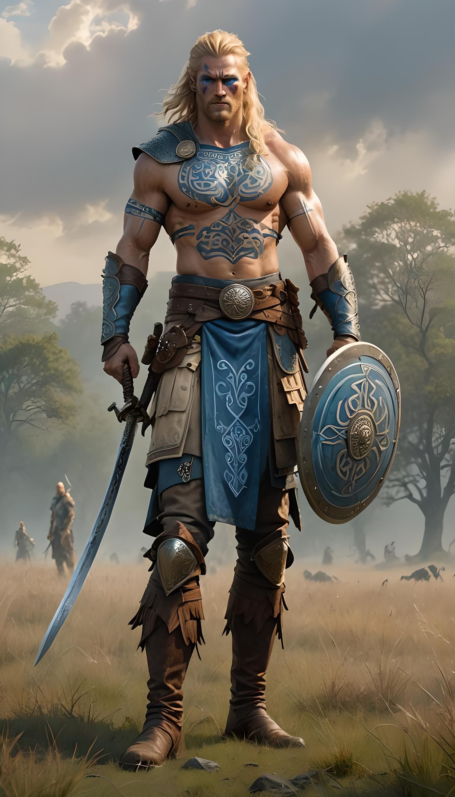 Celtic Chieftain with Sword on Meadow, Cinematic Still