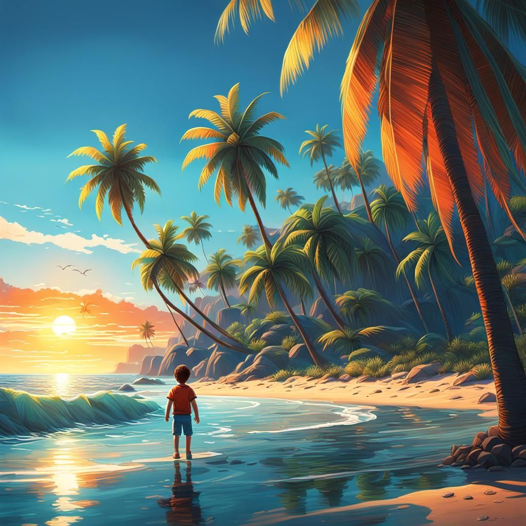 Childhood Beach Scene in Vibrant 3D Style