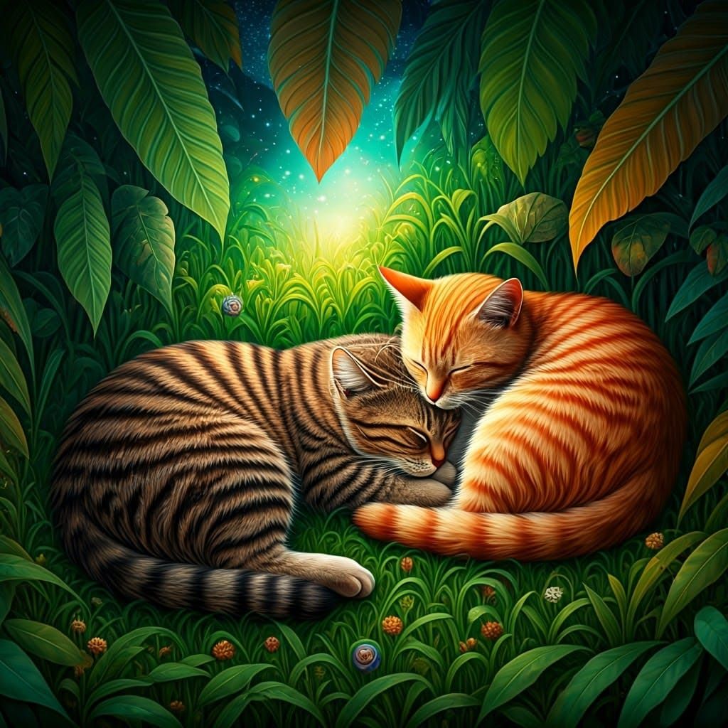 Cats Napping in Surreal Astral Landscape