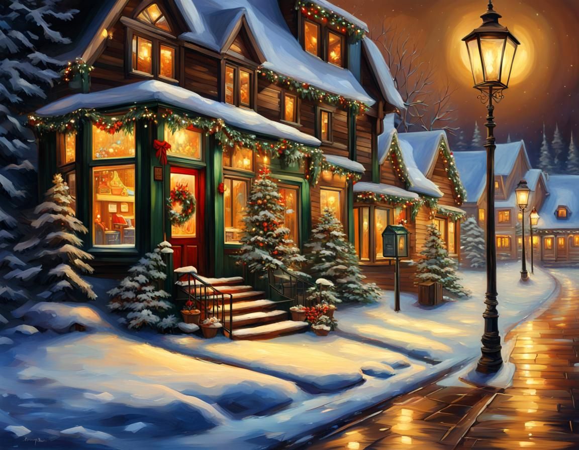 Festive Winter Street Scene in Hyperrealistic Style