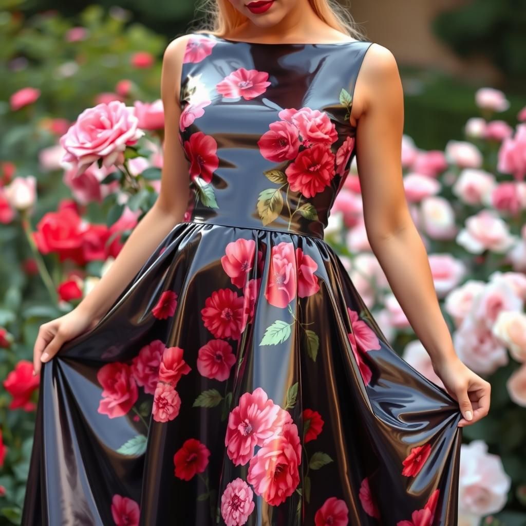 Woman in Latex Dress in Rose Garden