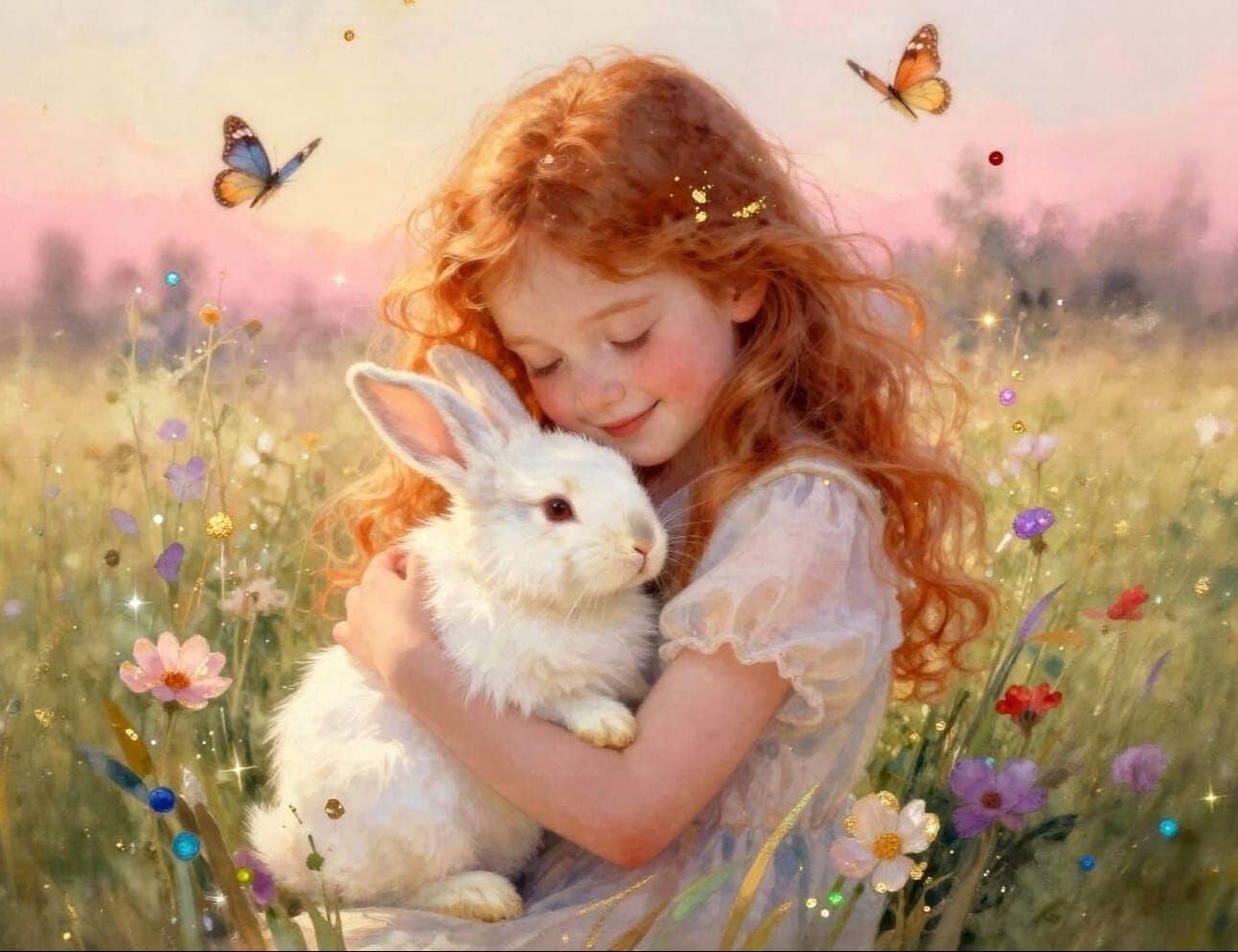 Impressionistic Watercolour Oil Painting of Girl and Bunny